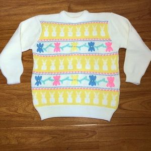 Vintage Sweater Size Medium Embroidery Flowers and Bunnies Easter Spring